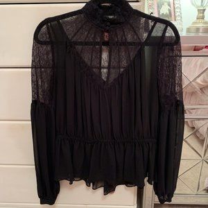EXPRESS Black Sheer High-Neck Peplum Blouse/Top with Lace Cutouts- XS
